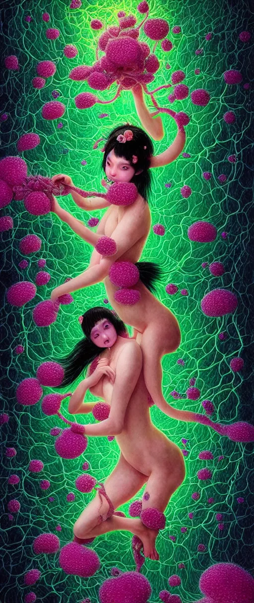 Image similar to hyper detailed 3d render like a Oil painting - kawaii portrait Aurora demon (ancient black haired Fae acrobat) seen Eating of the Strangling network of yellowcake aerochrome and milky Fruit and Her delicate Hands hold of gossamer polyp blossoms bring iridescent fungal flowers whose spores black the foolish stars by Jacek Yerka, Mariusz Lewandowski, Houdini algorithmic generative render, Abstract brush strokes, redshift render, Masterpiece, Edward Hopper and James Gilleard, Zdzislaw Beksinski, Mark Ryden, Wolfgang Lettl, hints of Yayoi Kasuma, extremely detailed, 8k