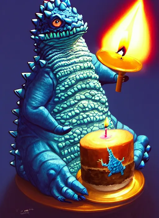 Prompt: portrait of a happy small fat blue godzilla with a birthday cake, wearing a three coloured cap with a propeller on top, intricate, elegant, candle light, highly detailed, digital painting, artstation, concept art, smooth, sharp focus, illustration, art by wlop, mars ravelo and greg rutkowski