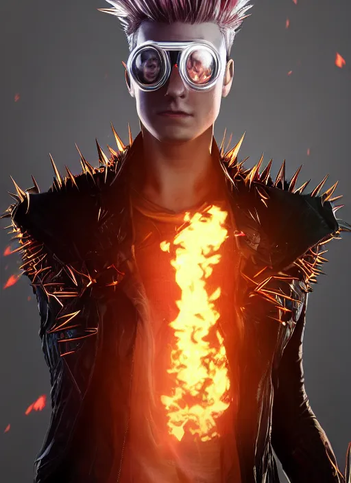 Prompt: An epic fantasy comic book style portrait painting of young man with long red spiked hair. Wearing a black waistcoat, white shirt, using googles. Blasting fire on his hands. Unreal 5, DAZ, hyperrealistic, octane render, cosplay, RPG portrait, dynamic lighting