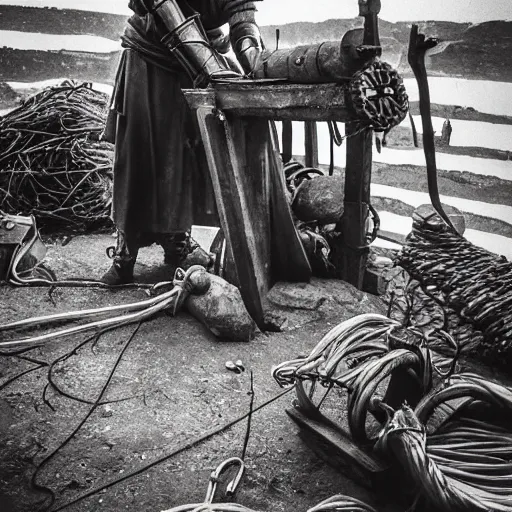 Image similar to wise angle photo of viking in armor working on the mechanical ancient device, tools and junk on the ground,wires and lights, old village in the distance, vintage old photo, black and white, sepia