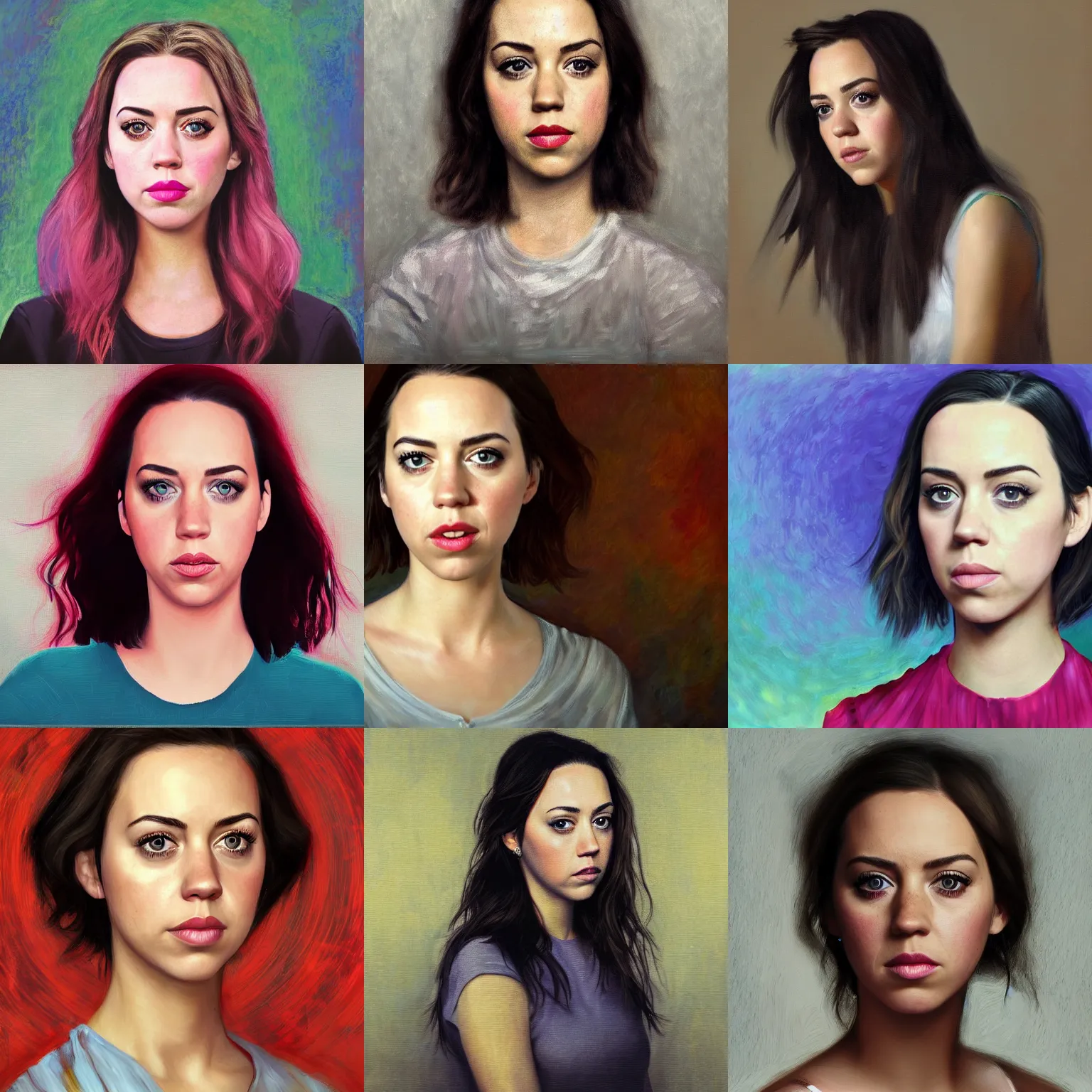 Prompt: portrait of a mix between aubrey plaza, katy perry, emma watson, scarlett johansson, ryan kiera armstrong, jennifer lawrence, 4 k art trending on artstation by monet, rembrandt, oil painting, digital, snapchat baby filter