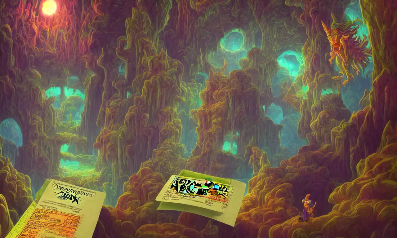 Image similar to large kerberos realm, wizard issues ticket close up, reading a directory, colorful ravine, 3 d art, digital illustration, perfect lighting