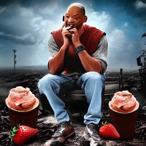 Image similar to digital art, an apocalyptic world where will smith is sitting watching the disaster while eating a strawberry ice cream