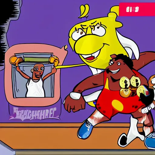 Prompt: Cap'n Crunch dunking a basketball on Sugar Bear while the Fruit Brute watches.
