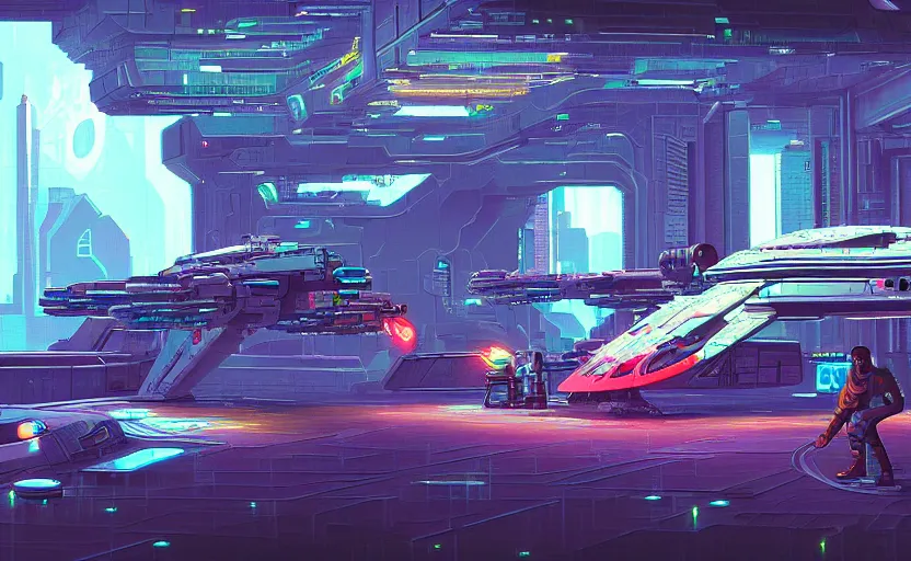 Prompt: cyberpunk spaceport with mechanics repairing a star cruiser, extremely detailed, pixel art, soft light, cassette futurism, digital painting, art station, fine details