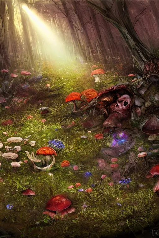 Prompt: corpse decaying on the forest floor, flowers and mushrooms grow from the corpse, god rays, concept art, fantasy, painting