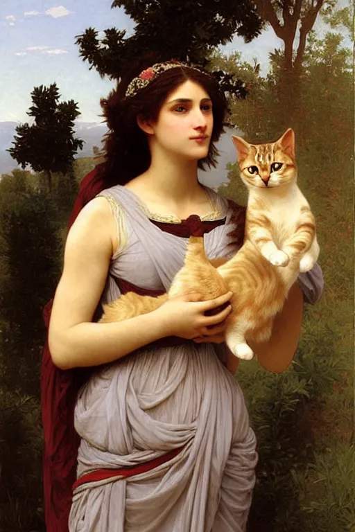 Image similar to cat fursuit as a greek goddess, painting by william adolphe bouguereau