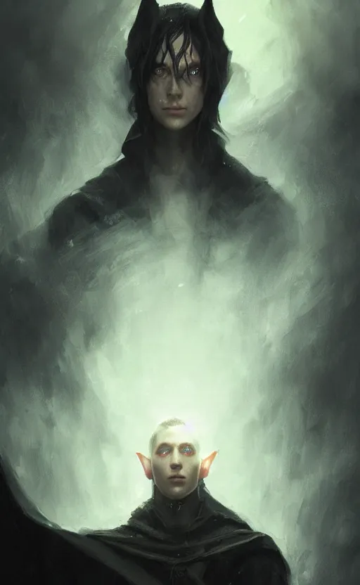 Image similar to Portrait of an elf in a black cloak, black hair, glowing eyes, male, detailed face, fantasy, highly detailed, cinematic lighting, digital art painting by greg rutkowski