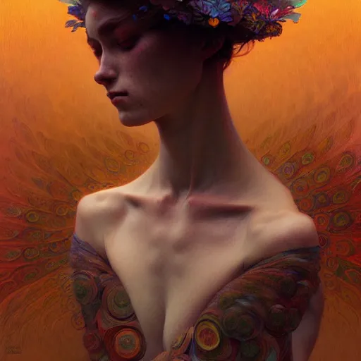 Image similar to An extremely psychedelic portrait, surreal, LSD, face, detailed, intricate, elegant, lithe, highly detailed, digital painting, artstation, concept art, smooth, sharp focus, illustration, art by Krenz Cushart and Artem Demura and alphonse mucha