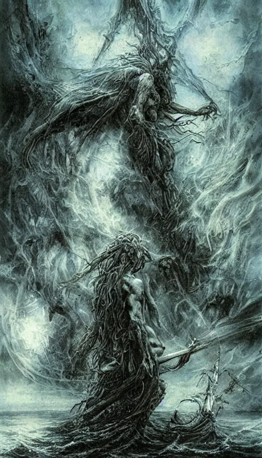 Prompt: man on boat crossing a body of water in hell with creatures in the water, sea of souls, by luis royo,