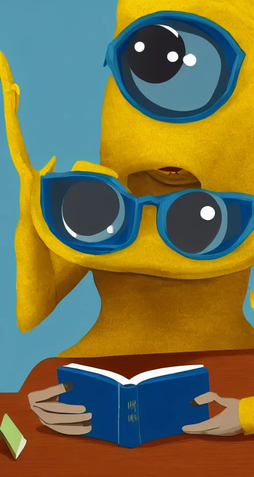Prompt: inquisitive one eye'd cyclops monster in a library, sitting at a table, wearing yellow glasses and a blue turtleneck is reading a book with a lot of pages and a leather cover, realistic, 4 k,