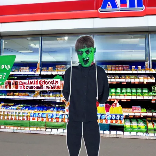 Image similar to a man in front of an aldi supermarket, terrified, in a terrifying pose, photo realistic