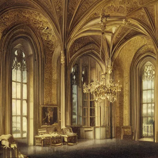 Prompt: interior of a gothic mansion, grand hall,