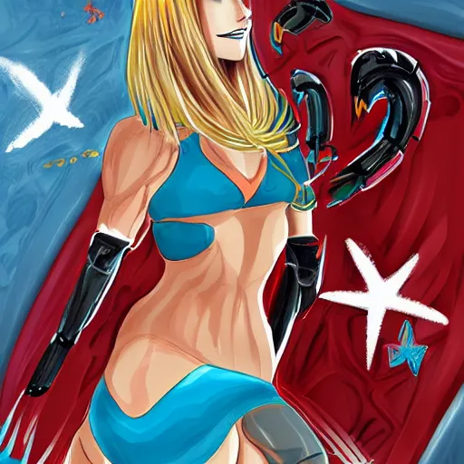 Prompt: Samus Aran\'s casual day at the beach, high quality digital art by Sakimichan