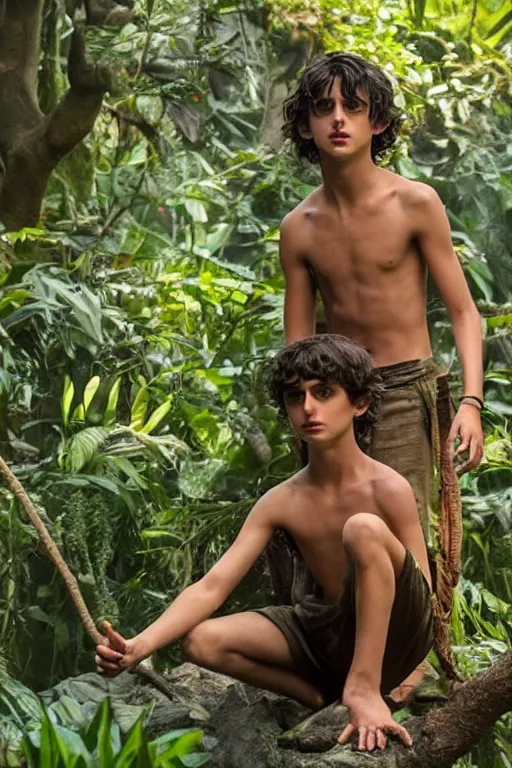 Image similar to timothee chalamet plays mowgli in the live action adaptation of the jungle book, red weapon 8 k s 3 5, cooke anamorphic / i lenses, highly detailed, cinematic lighting