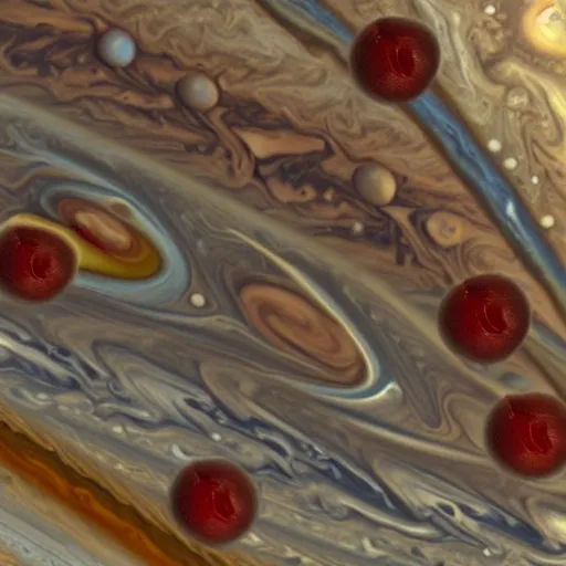 Image similar to cherries droplets on the surface of jupiter planet