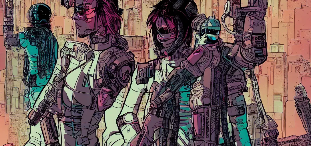 Prompt: Girl Cyberpunk, In style of moebius and laurie greasley, american comics