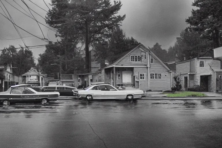 Image similar to a detailed photograph of a 1 9 7 0 s american neighborhood by gregory crewdson, photoreal, 4 k, rain