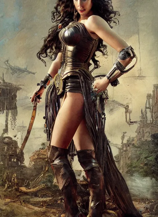 Image similar to highly detailed steampunk gal gadot standing, steel age : leonardo da vinci, greg rutkowski, magali villeneuve