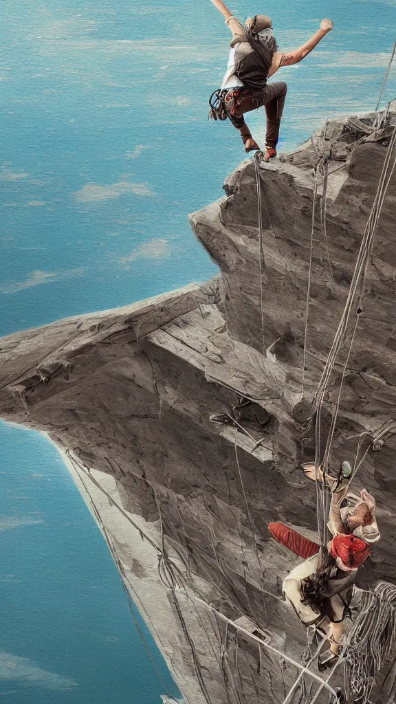 Prompt: climbing a ledge on el captain | birds eye view, high detail, matte painting