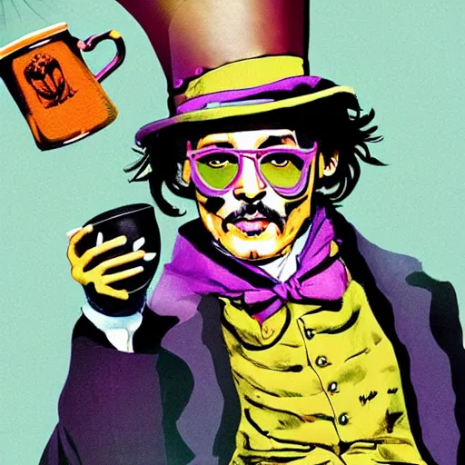 Image similar to Johnny Depp is covered in a blanket and drinking tea in Willy Wonka's Chocolate Factory, Illustration, Colorful, by Liu Wei