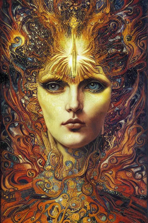 Image similar to Divine Chaos Engine by Karol Bak, Jean Deville, Gustav Klimt, and Vincent Van Gogh, beautiful visionary mystical portrait, sacred, otherworldly, fractal structures, ornate gilded medieval icon, third eye, spirals