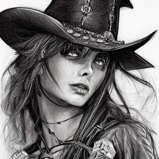 Prompt: beautiful cowboy witch, wild west, dungeons and dragons art, detailed, concept art, pencil drawing, trending on artstation