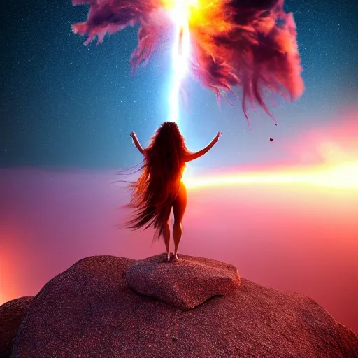 Image similar to A beautiful woman with long, flowy hair standing on a rock, witnessing the explosion of a bulging, corrupted star in space. trending on artstation, artstation futurism, artstation photography, subsurface scattering, 4k, 8k