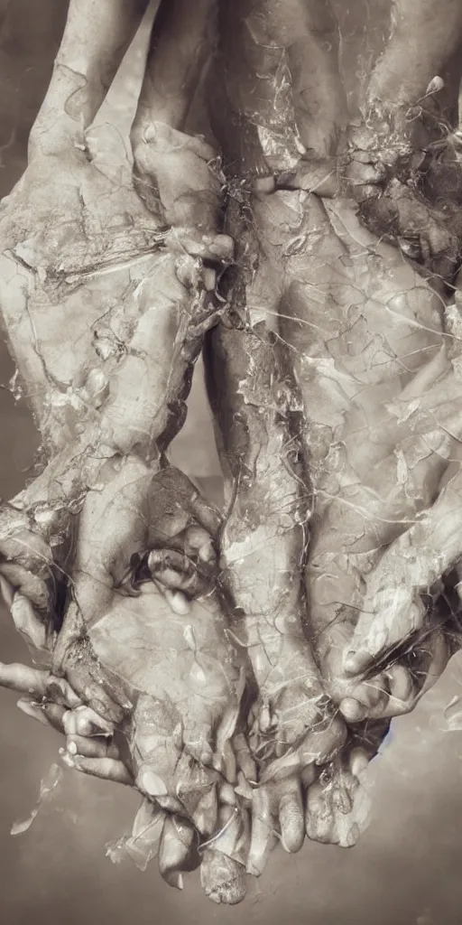 Image similar to closeup of beautiful human bodies intertwined, bodies blooming, 3 d fractals, mandelbulb, dripping wet, skin, macro photography, anamorphic bokeh, long exposure, highly detailed, hyperrealism, cinematic