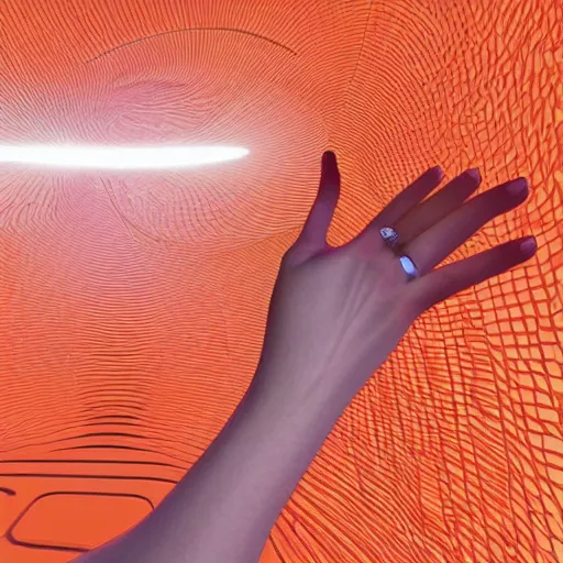 Image similar to A digital art. A rip in spacetime. Did this device in her hand open a portal to another dimension or reality?! light orange by Zaha Hadid saturated