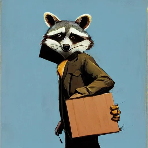 Image similar to greg manchess painting of a trash panda character, holding a box of cables and standing next to old electronic equiptment, medium shot, asymmetrical, profile picture, organic painting, sunny day, matte painting, bold shapes, hard edges, street art, trending on artstation, by huang guangjian and gil elvgren and sachin teng