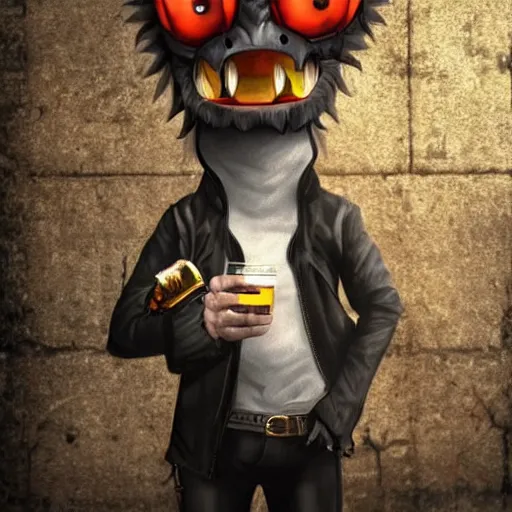 Image similar to a anthropomorphic dragon dressed like a punk drinking in a bar Trending on artstation DeviantArt Pinterest furaffinty Photorealistic HD 8k highlights and shadow detailed High Resolution