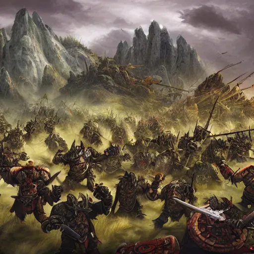 Image similar to wide landscape shot of warhammer greenskin orcs fighting pirate vampires, trending on artstartion