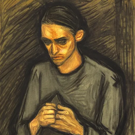 Image similar to sad prisoner holding ipad, prison cell, frustrated expression, dark mood, hopelessness, gloomy, in the style of edward munch