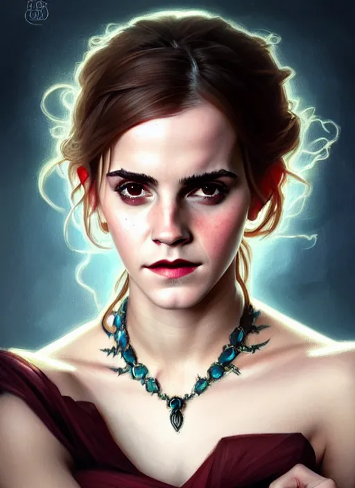 Image similar to portrait of emma watson as a vampire queen, jewelry, greek, saphire, intricate, headshot, highly detailed, digital painting, artstation, concept art, sharp focus, cinematic lighting, illustration, art by artgerm and greg rutkowski, alphonse mucha, cgsociety