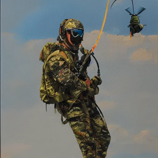 Prompt: Seal team 6 rappelling from helicopter oil on canvas