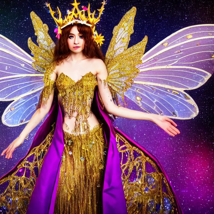 Image similar to full body photo of a very beautiful!! fairy queen with ornate sparkling robes, highly detailed, 4 k, hdr, smooth, sharp focus, high resolution, award - winning photo