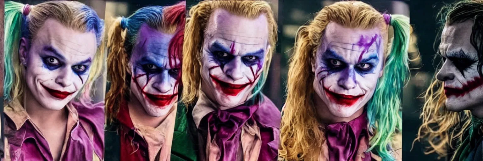 Image similar to heath ledger as the joker on the left, margot robbie as harley quinn on the right, cinematic, close up, anomorphic lens, low lighting