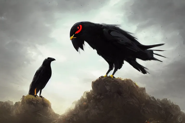 Image similar to red - eyed scary gigantic crow standing on top of a hill, looking down, cloudy sky in the background, digital painting, epic, pokemon style, earth type pokemon, smooth, trending on artstation, professional painting, made by greg rutkowski