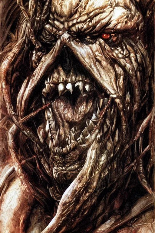 Image similar to beautiful clean acrylic painting of predator, huntinf, scary, portrait study by bernie wrightson, detailed, stunning, realistic