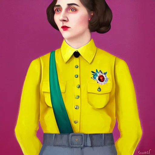 Image similar to colorful and festive cute female adolf hitler with tan skin, clear sharp todd solondz face, wearing yellow floral blouse. full body, rich vivid pastel colors, ambient lighting, dynamic lighting, 4 k, atmospheric lighting, painted, intricate, highly detailed by charlie bowater