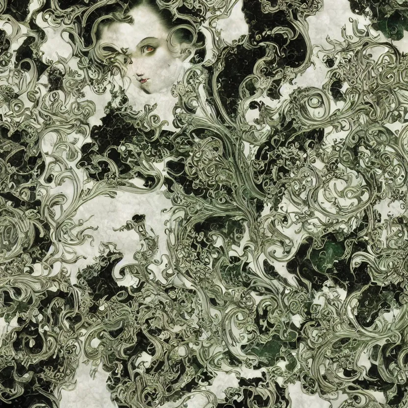 Prompt: a dark baroque close - up portrait of an ornate green and white floral porcelain being made out of white sci - fi vitrified translucent ceramic marble ; china. reflective detailed textures. gloomy black background. highly detailed fantasy science fiction painting by moebius, norman rockwell, frank frazetta, and syd mead. rich colors, high contrast. artstation