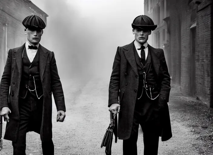 Image similar to an action scene from peaky blinders, medium long shot, 3 / 4 shot, full body picture of cillian murphy and tom hardy, sharp eyes, serious expressions, detailed and symmetric faces, black and white, epic photo by talented photographer ansel adams,