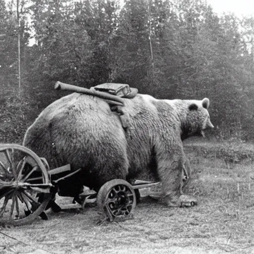 Image similar to a picture of a giant bear pulling a towed canon on wheel behind his back, eastern front, ww 2, historical picture