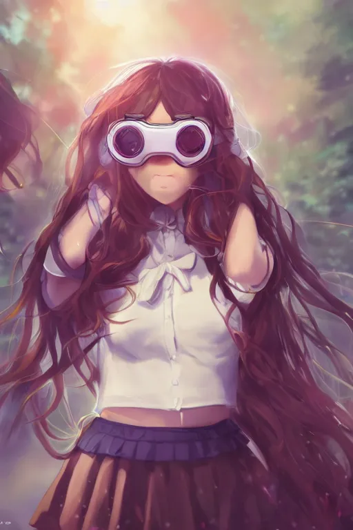 Prompt: anime girl with curly long hair wearing vr goggles and school uniform, aesthetic, wlop, digital painting, trending on artstation, highly detailed, epic composition, official media, 8 k uhd