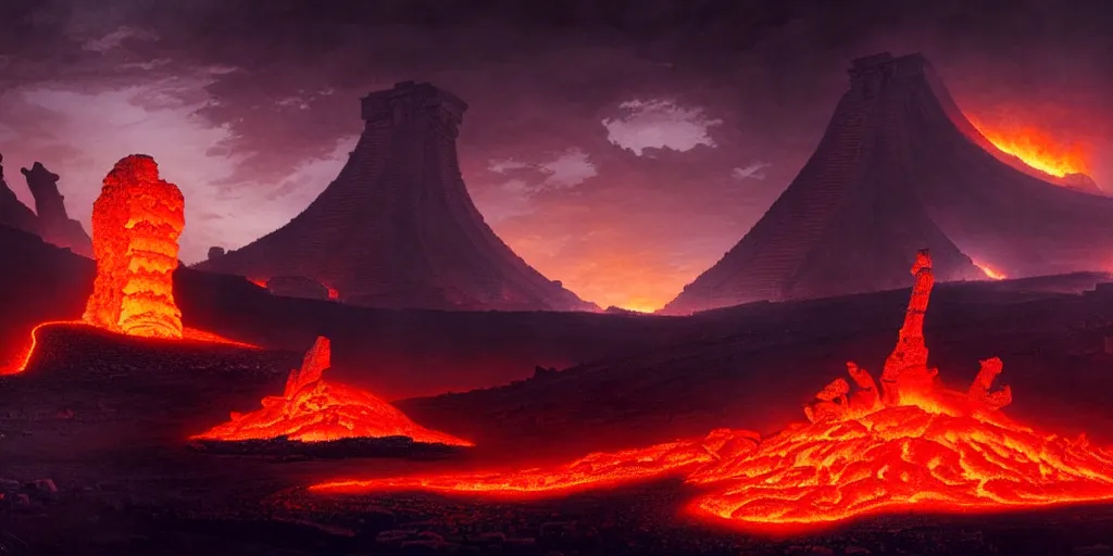 Prompt: ancient god temple at night ruins of ancient civilization, surrounded by glowing lava, volcanoes in the background, ultra high definition, ultra detailed, symmetry, sci - fi, dark fantasy, by greg rutkowski and ross tran