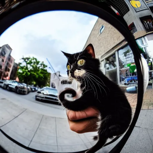 Prompt: a black guy holding his kitten up to the camera in a street, wide angle, fish eye lens photo