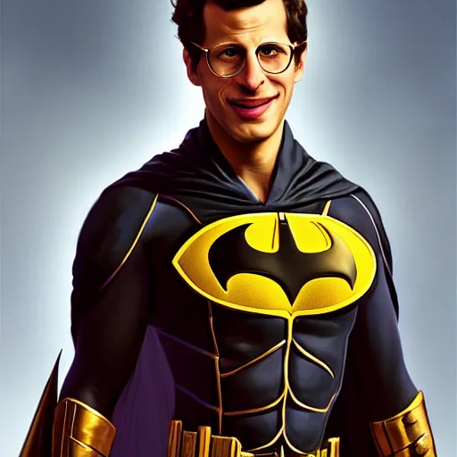 Image similar to Andy Samberg as Batman, digital art, trending on artstation, oil on canvas by J. C. Leyendecker and Edmund Blair Leighton and Charlie Bowater, octane render, cinematic