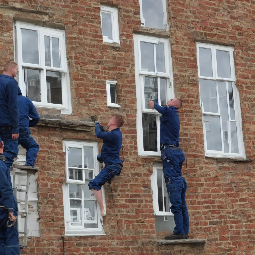 Prompt: builders inspecting and discussing single sash window