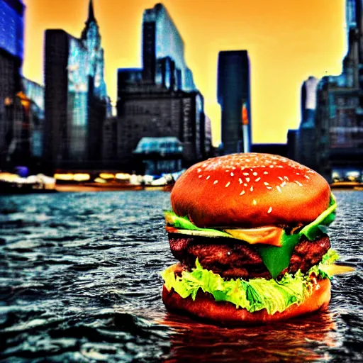 Prompt: a giant delicious burger splashes into New York city river, realistic digital art, macro 25mm photo